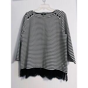 Karl Legerfeld Paris 3/4 Sleeve Black/White Stripe Blouse Size L scalloped Lace